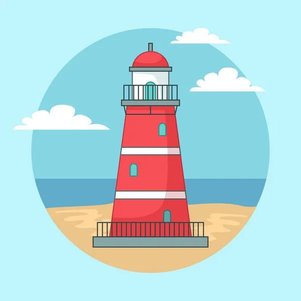 Rode vuurtoren op oceaan of zee strand landschap met blauwe lucht cartoon achtergrond vector illustratie — Stockvector