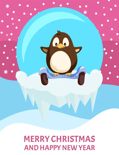 Kerstkaart, Pinguïn op Gyroscooter — Stockvector
