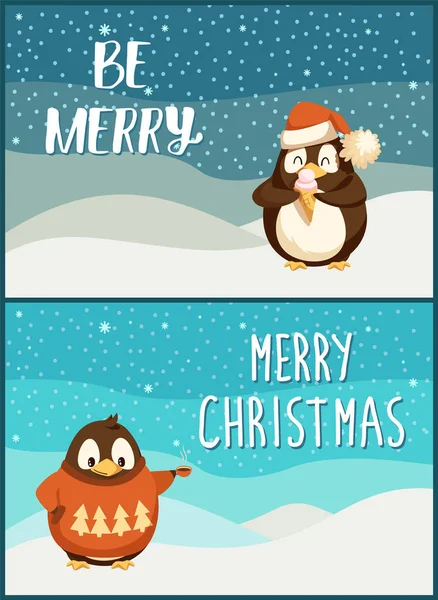 Vrolijk Kerstfeest Pinguïn Dieren Draag Kleren — Stockvector