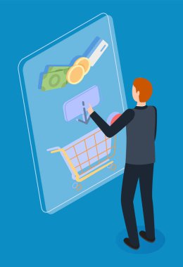 Koyu renk elbiseli adam alışverişi sanal sepete koyar. Müşteri yolculuğu kavramı