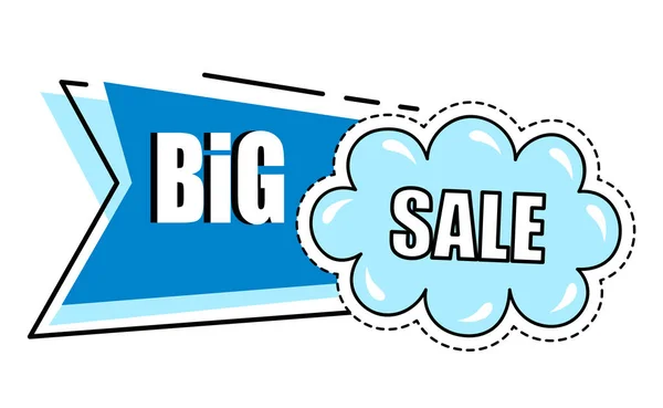 Grote verkoop, blauwe sticker met wolk, korting aanbieding, cartoon stijl, kopen met actie, reclame — Stockvector