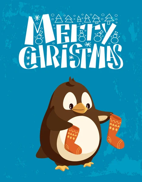 Pingvin karácsonyi zoknival, téli üdülési kártya — Stock Vector