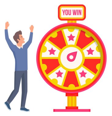 Şans tekerleği konsepti. Şans çarkı ve piyango ile kumar oynayan adam.