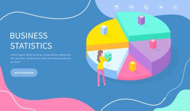 Web sitesinin iniş sayfası, iş istatistikleri, 3D izometrik digrama yakın kadın, görsel istatistikler
