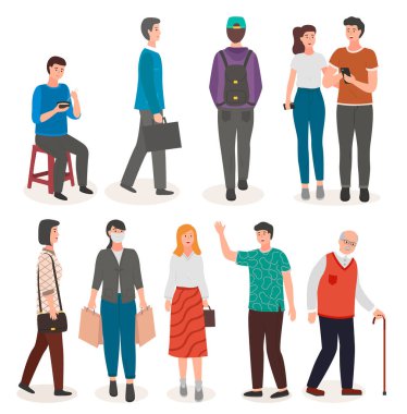 İnsanların koleksiyonu, farklı erkek, kadın, sandalyede oturan, çorba içen, bavullu, el kol hareketi yapan adam.