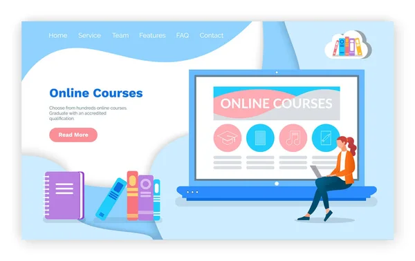 Online cursussen, educatieve website, landingspagina, studiemateriaal op internet, studiemethoden — Stockvector