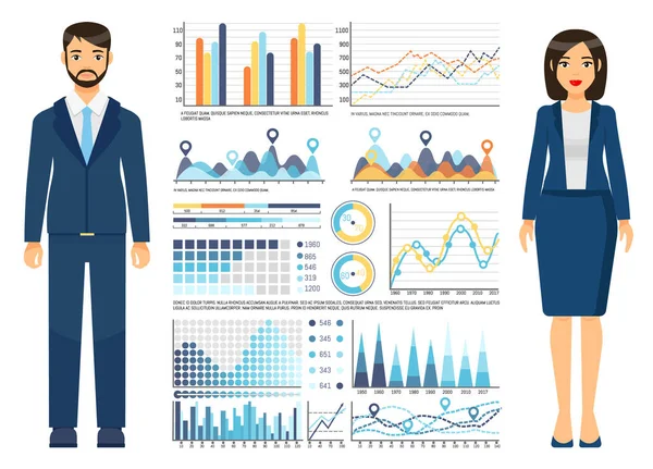 그래픽, 도표, 도표, 자료 분석, 일정등에 가까운 사무실에서 일하는 남녀 사업가들 — 스톡 벡터