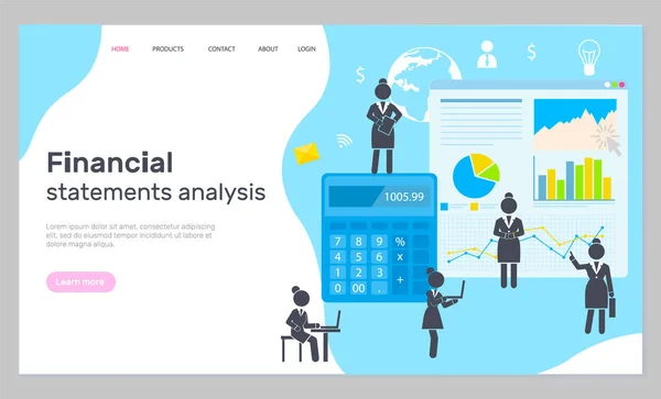 Página de inicio del sitio web de negocios, análisis de estados financieros, silueta de mujeres de negocios, gráficos — Vector de stock