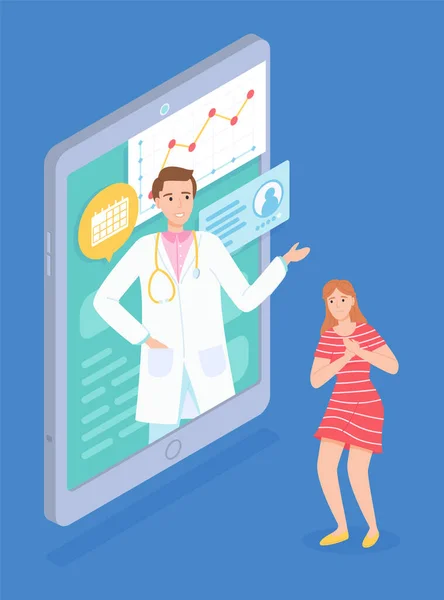 Ізометрична ілюстрація цифрового планшета з онлайн консультацією лікаря та пацієнта з болем — стоковий вектор