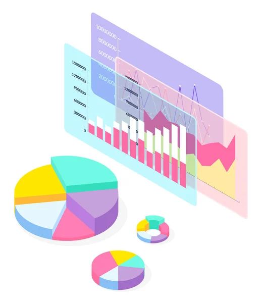 Grafica 3d, diagrammi, grafici a torta, infografica isometrica, strategia finanziaria, presentazione visiva — Vettoriale Stock