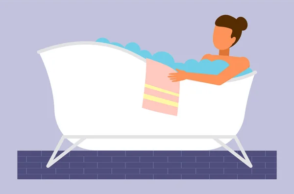 Ung kvinna tar bad, tvätta kroppen i badkaret, koppla av med bubblor och handduk, flicka bad — Stock vektor