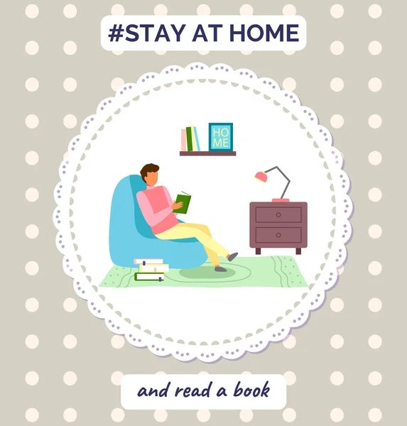Rimanere a casa e leggere libro, ragazzo che legge letteratura interessante, il tempo libero dell'uomo durante la quarantena — Vettoriale Stock