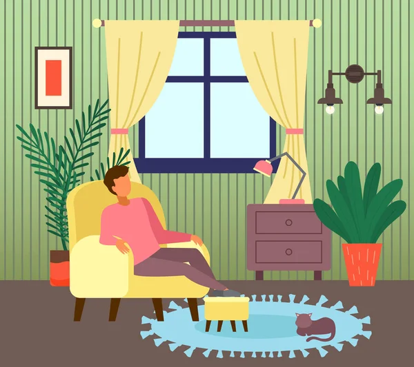 Человек сидит на кресле в гостиной рядом с окном, парень наслаждаться отдыхом, как провести время дома — стоковый вектор