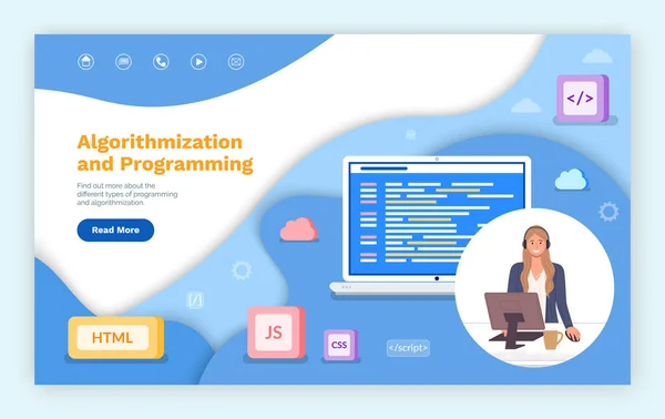 Page de destination du site web, algorithmisation et programmation, html, js, css, icônes de script, code du site — Image vectorielle