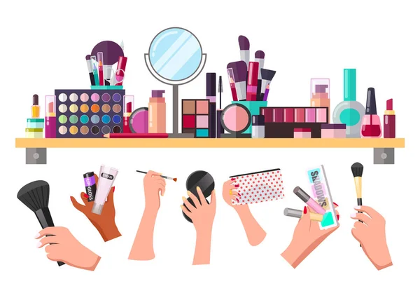Conjunto de cosméticos visagiste, mãos com equipamentos, ferramentas, coleta de instrumentos de maquiagem, produtos — Vetor de Stock