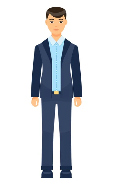 Icona isolata di carattere vettoriale, uomo d'affari vestito blu con camicia, ragazzo in tessuto da ufficio — Vettoriale Stock