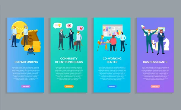 Crowdfunding, comunidad de emprendedores, centro de coworking, carteles o pancartas de gigantes empresariales — Vector de stock