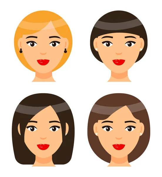 Set von Frauen mit unterschiedlichen Frisuren oder Frisuren, Comicfiguren Köpfe, schöne weibliche Gesichter — Stockvektor