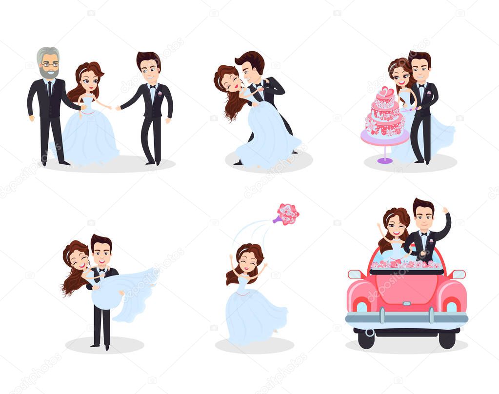 Wedding Ceremony of Bride and Groom Actions Set