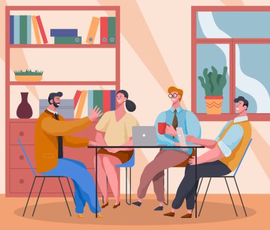 Ofis çalışanları masada dizüstü bilgisayarla oturuyorlar ve bardaklı adam iş arkadaşlarıyla konuşuyor.