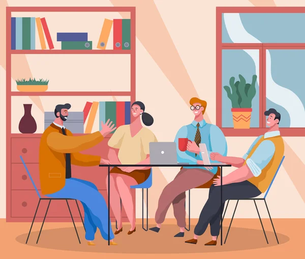 Общение офисных работников, сидящих за столом с ноутбуком, и человека с чашкой, беседующих с коллегами — стоковый вектор