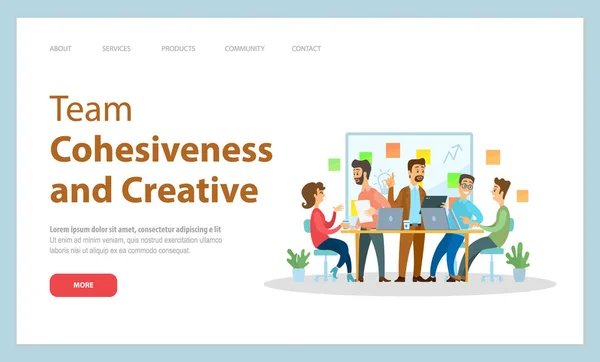 Landing Page der Website, Teamzusammenhalt und Kreativität, Teamwork-Business-Meeting, Diskussion der Idee — Stockvektor
