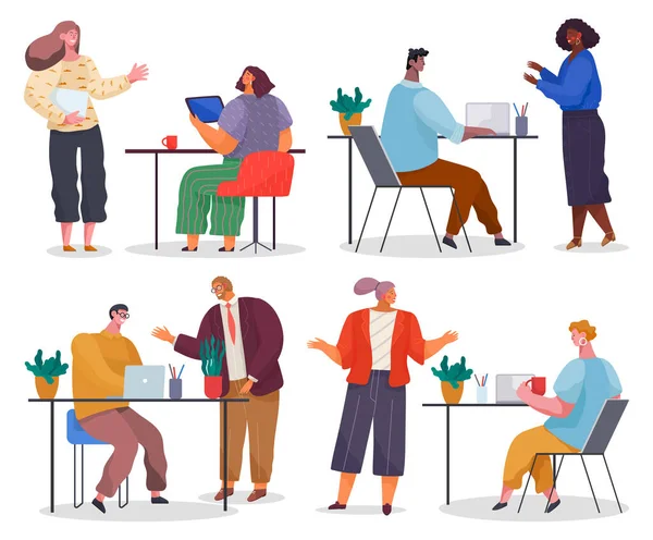 Travailleurs assis à la table, collecte de gens de bureau parler, discuter des moments de travail, employés — Image vectorielle