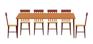 Yemek odası tasarımı düz vektör çizimi. Yan yana sandalyeler olan ahşap yemek masası.