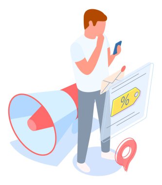 Terfi konsepti. Cep telefonu uygulamasında indirime bakarak alım yapan bir adam