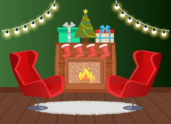 Chimenea con Sillón y Calcetines Regalos en la parte superior — Archivo Imágenes Vectoriales