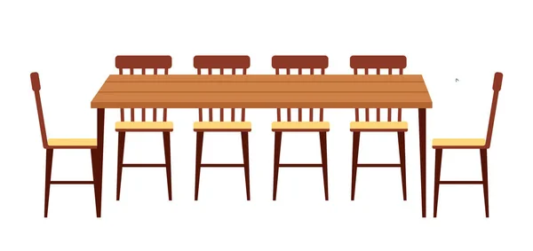 El diseño del comedor ilustración vectorial plana. Mesa de comedor de madera con sillas una junto a la otra — Archivo Imágenes Vectoriales