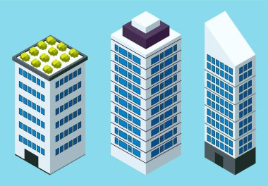 Çatıda yeşil bitkiler bulunan farklı gökdelen seti düz stil konsepti üst görünüm izole