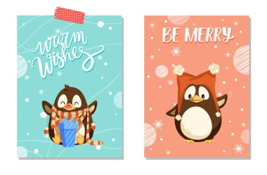 Warm Wishes and Be Merry Card with Penguin Vector clipart