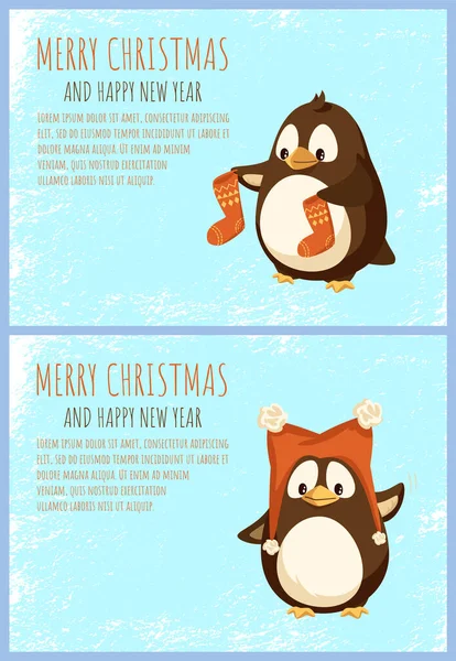 Vrolijk Kerstfeest Gelukkig Nieuwjaar groeten, Pinguïns — Stockvector