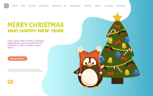 Pinguim perto de Fir-árvore, Natal Web Page Vector — Vetor de Stock