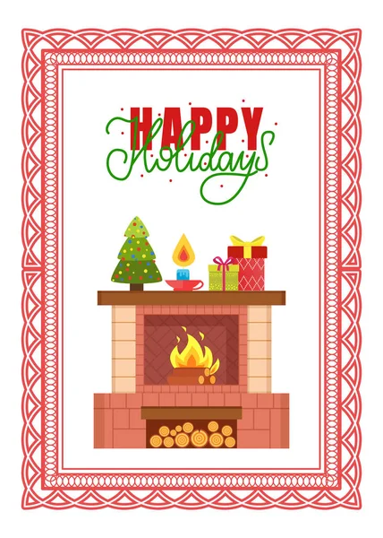 Chimenea con fuego ardiente, Árbol de abeto decorado — Vector de stock