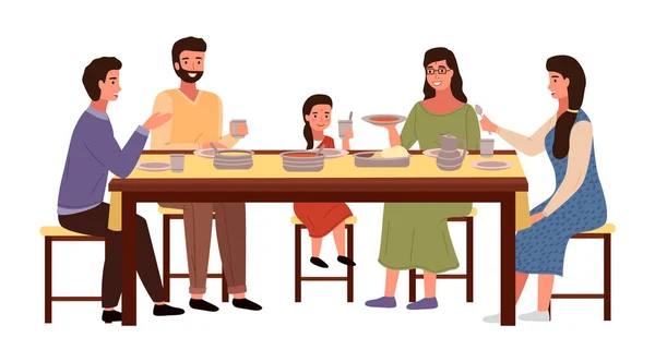 La gente está comiendo comida india en casa. Familia con disfraces nacionales está cenando juntos — Vector de stock