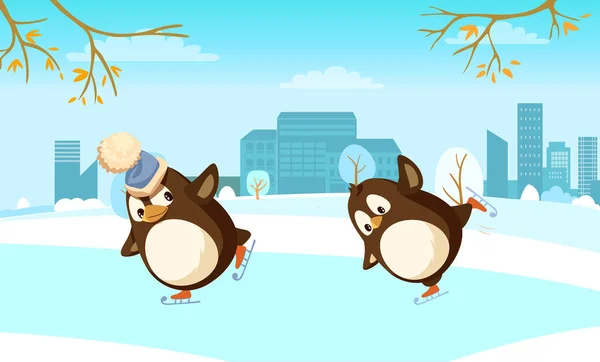 Pinguïns schaatsen op de ijsbaan bij Winter Town — Stockvector