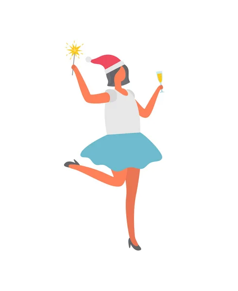Mujer con falda, Copa de vino, Sombrero de Papá Noel — Archivo Imágenes Vectoriales