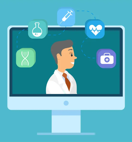 Lächelnder Arzt auf dem Computerbildschirm. Medizinische Internetberatung. Webservice für das Gesundheitswesen — Stockvektor