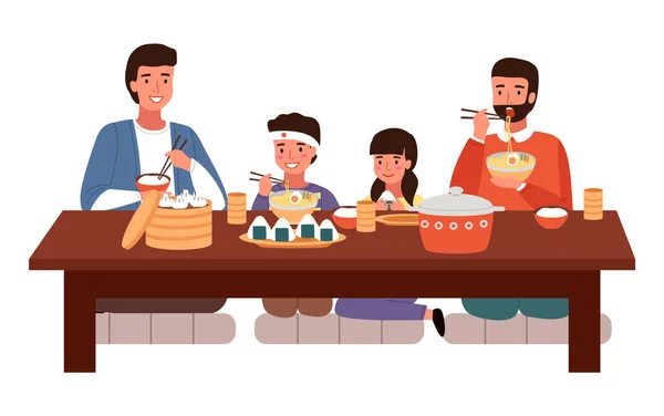 A család japán kaját eszik otthon. A nemzeti keleti jelmezes emberek együtt vacsoráznak. — Stock Vector