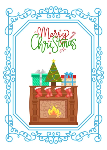 Feliz Navidad Chimenea con Santa Medias — Vector de stock