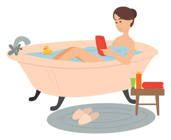 Femme couchée dans la baignoire en utilisant le concept de gadget numérique de communication de réseau social de smartphone — Image vectorielle