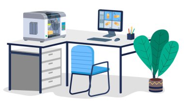 Endüstriyel 3D yazıcı bir kutu konsepti basıyor. Masada bilgisayarlı matbaa ekipmanı