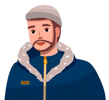 Bıyıklı, sakallı, kışlık elbiseli bir adam. Beyaz arka planda izole genç sempatik adam