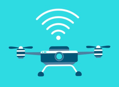 Drone vektör simgesi. Biçim düz bicolor mavi ve beyaz semboldür, yuvarlak açılar, mavi arkaplan