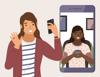 İnternette sanal buluşma. Kızlar telefon ekranında iletişim kurar. İnternet üzerinden çevrimiçi sohbet
