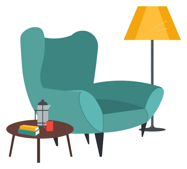Πολυθρόνα, λάμπα και πιεστήριο καφέ στο τραπέζι. Σχεδιασμός επίπλων σαλονιού, μοντέρνο εσωτερικό σπιτιού — Διανυσματικό Αρχείο
