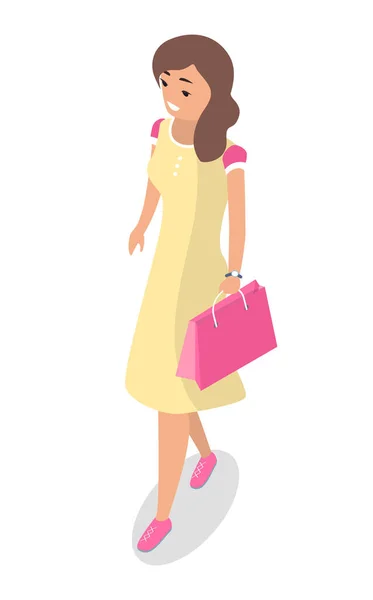 The girl shopper holds package vector illustration. Young girl in yellow dress with pink paper bag — Stock Vector