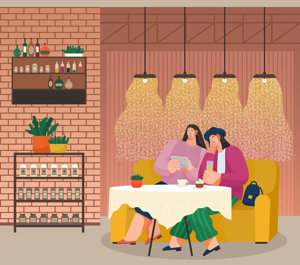 Φιλαράκια συναντιούνται στο εστιατόριο, γυναίκες τρώνε κέικ με καφέ, φτιάχνουν βίντεο για τα social media — Διανυσματικό Αρχείο